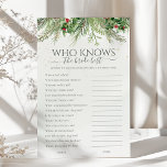 Winter Who Knows The Bride Best Bridal Shower Game<br><div class="desc">Test your knowledge of the bride-to-be with this fun and interactive "Who Knows the Bride Best" bridal shower game. Featuring a charming winter greenery design with pine branches and berries, this game will challenge guests to answer questions about the bride's life, preferences, and memories. It's a lighthearted and engaging activity...</div>