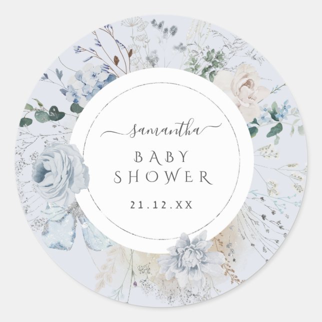 Winter Wildflower Elegant Boho Baby Shower  Classic Round Sticker (Front)