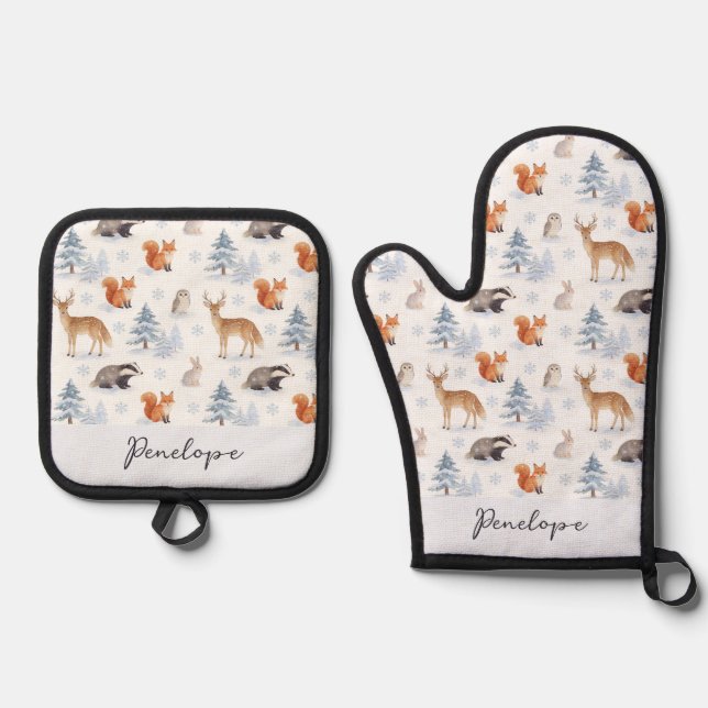 Winter Wildlife Animals Snow Personalized Name Oven Mitt & Pot Holder Set (Front)
