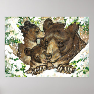 Winter Wildlife Art Black Bear Mother and Cubs Poster