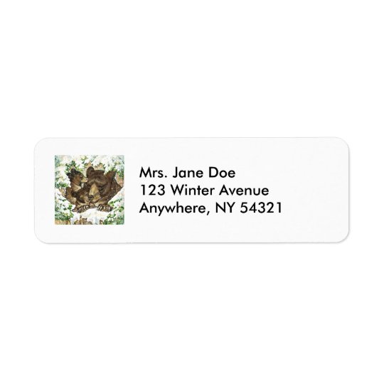 Winter Wildlife Art Black Bear Mother and Cubs Return Address Label