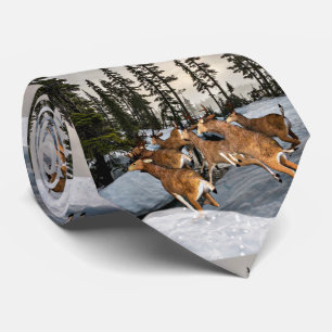 Winter Wildlife Mule Deer Running in Snow / Hunter Tie