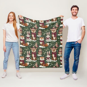 Winter Wildlife with Foxes, Deer, and Owls Fleece Blanket
