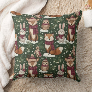 Winter Wildlife with Foxes, Deer, and Owls Throw Pillow