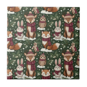 Winter Wildlife with Foxes, Deer, and Owls Tile