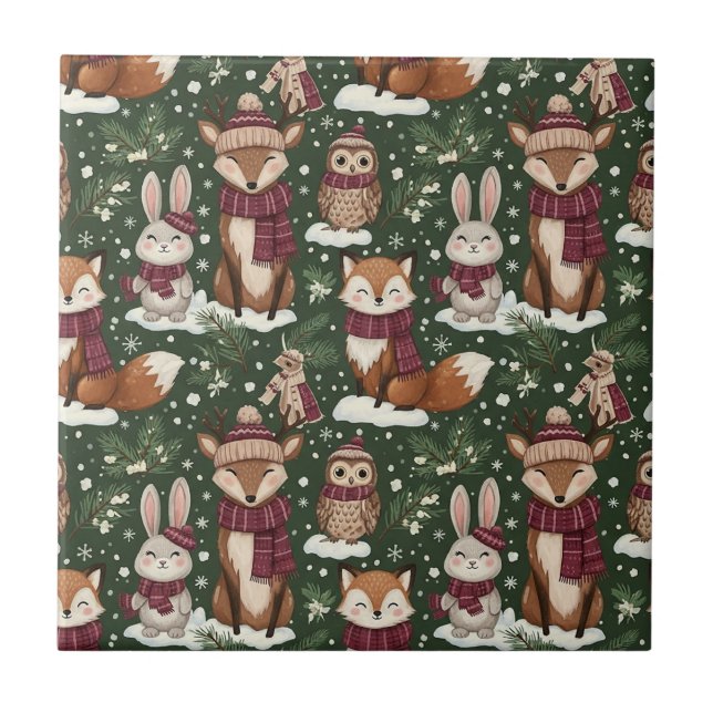Winter Wildlife with Foxes, Deer, and Owls Tile (Front)