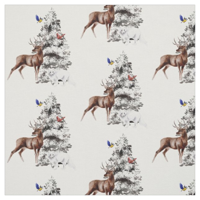 Winter Wildlife with Snow Tree Fabric (Swatch)