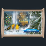 Winter Window Scene with Menorah Hanukkah Gift Serving Tray<br><div class="desc">Celebrate the Season. Winter Window Scene with Menorah and Birds Hanukkah Gift Serving Tray with customizable text. Matching cards and gifts available in the Jewish Holidays / Hanukkah Category of our store.</div>