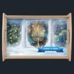 Winter Window Scene with Menorah Hanukkah  Serving Tray<br><div class="desc">Celebrate the Season. Winter Window Scene with Menorah Painting Hanukkah Gift Serving Tray with customizable text. Matching cards and gifts available in the Jewish Holidays / Hanukkah Category of our store.</div>