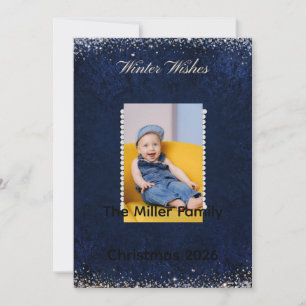 Winter Wishes Baby Photo Navy Scallop Holiday Card