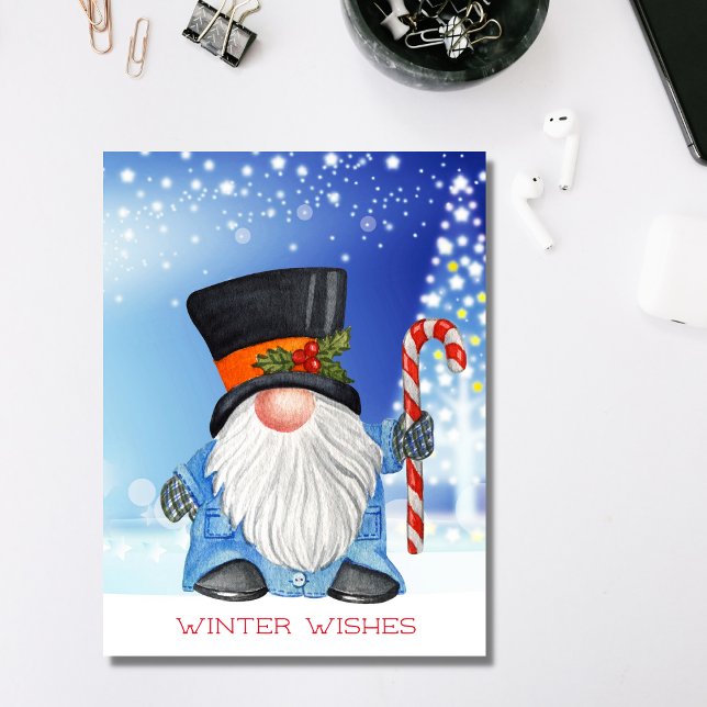 Winter Wishes Christmas Gnome Blue and White Postcard (Creator Uploaded)