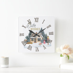 Winter Wishes Square Wall Clock
