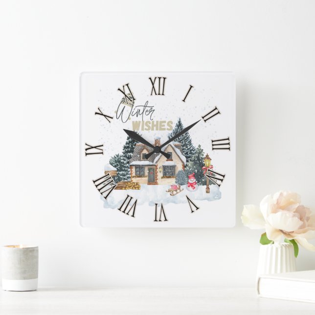 Winter Wishes Square Wall Clock (Home)