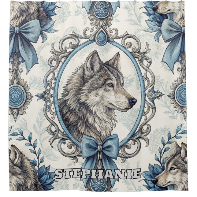 Winter Wolf Portrait in Ornate Blue & Grey Frame (Front)