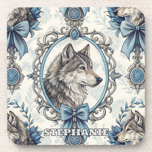 Winter Wolf Portrait in Ornate Blue & Grey Frame Coaster (Front)