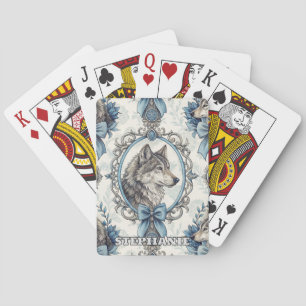 Winter Wolf Portrait in Ornate Blue & Grey Frame Playing Cards