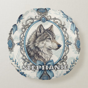 Winter Wolf Portrait in Ornate Blue & Grey Frame Round Pillow