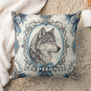 Winter Wolf Portrait in Ornate Blue & Grey Frame Throw Pillow