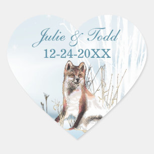 Winter Wolf Wedding Save The Date Heart Sticker