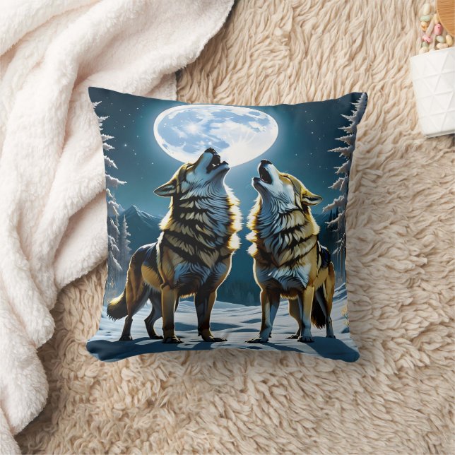 Winter Wolves Howling Under Full Moonlight Throw Pillow (Blanket)