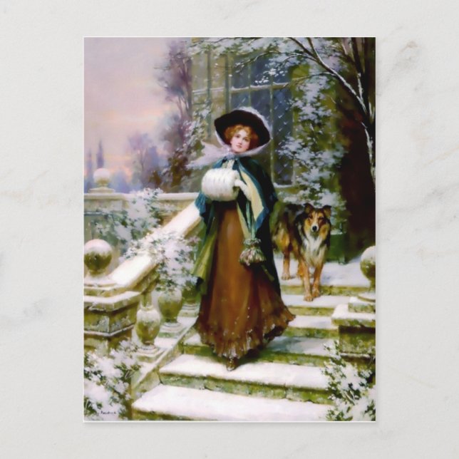Winter Woman Collie Dog Victorian Hand Muff Postcard (Front)