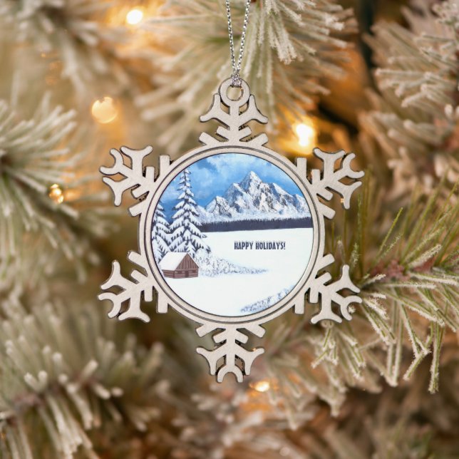 Winter Wonder Scene Snowflake Pewter Christmas Ornament (Tree)