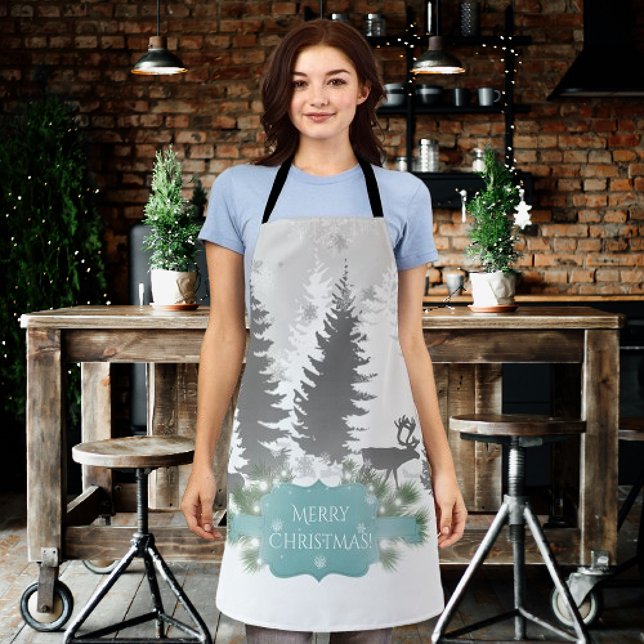 Winter Wonderland All-Over Print Apron - Teal (Teal Winter Wonderland Christmas Apron)