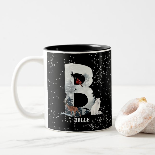 Winter Wonderland Alphabet B Monogram | Snow Wolf Two-Tone Coffee Mug (With Donut)