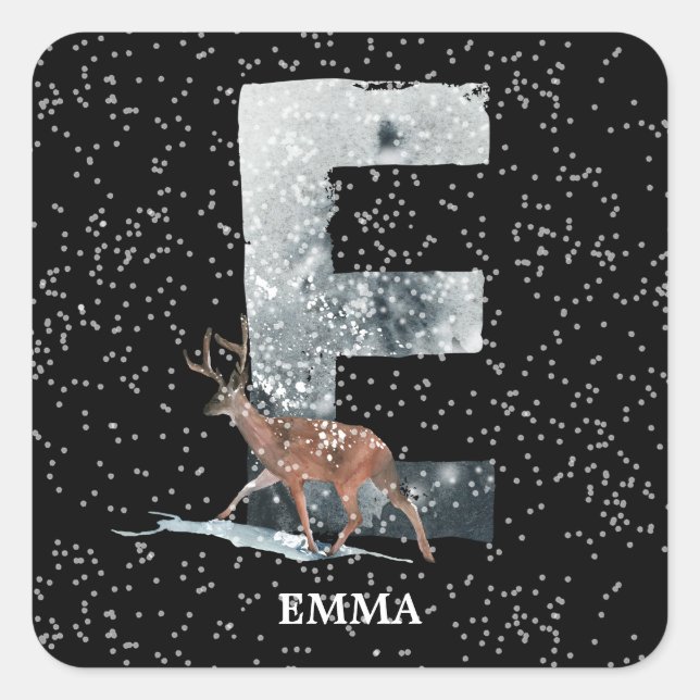 Winter Wonderland Alphabet E Monogram | Reindeer Square Sticker (Front)