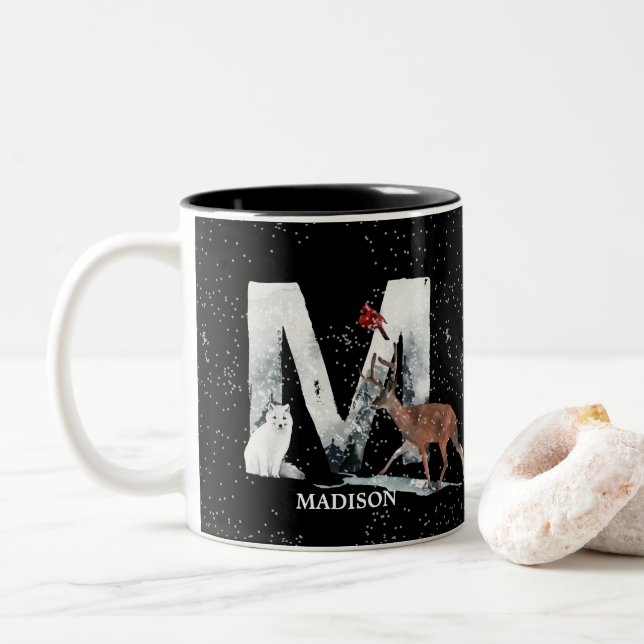 Winter Wonderland Alphabet M Monogram | Snow Wolf Two-Tone Coffee Mug (With Donut)