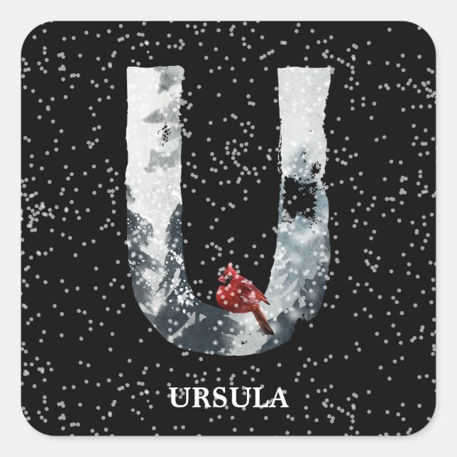 Winter Wonderland Alphabet U Monogram | Red Bird Square Sticker (Front)