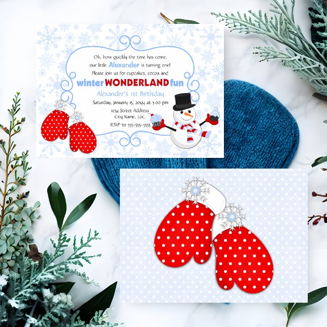 Winter Wonderland Anniversaire Invitation (Winter wonderland birthday party invitation, in blue and red, front and back view.)