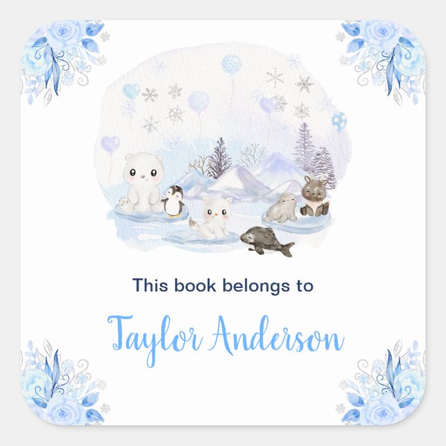 Winter Wonderland Arctic Animals Kids Bookplate Square Sticker (Front)