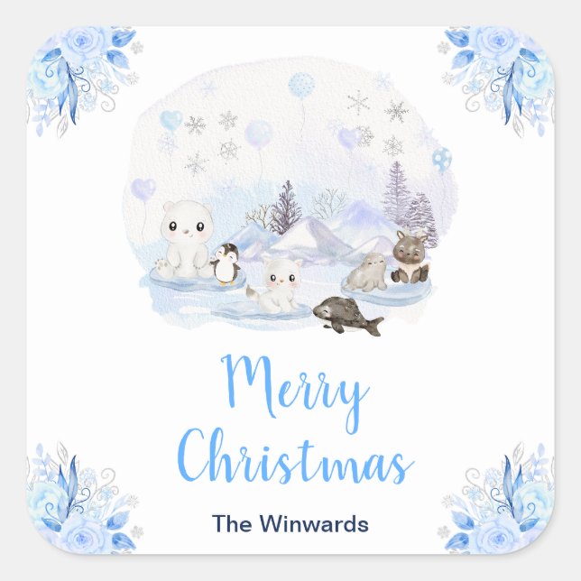 Winter Wonderland Arctic Animals Merry Christmas Square Sticker (Front)