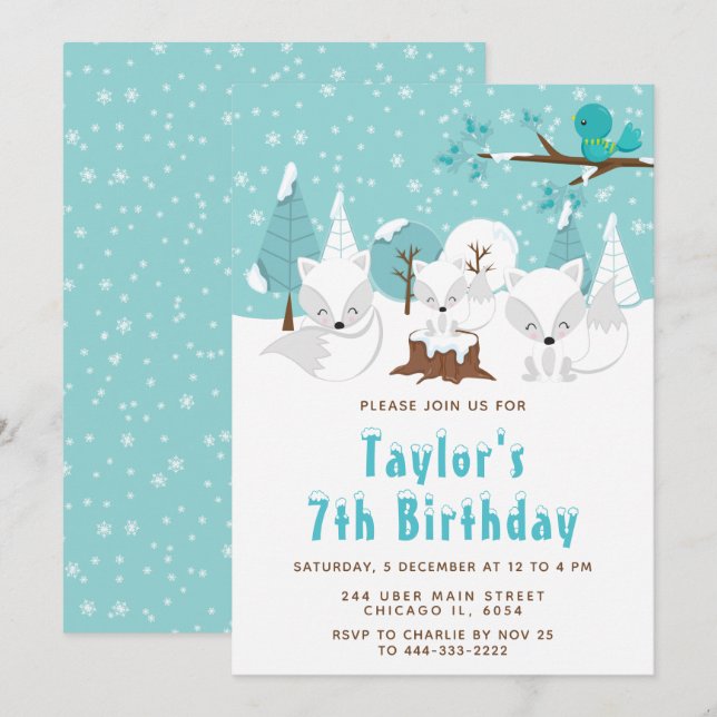 Winter Wonderland Arctic Fox Birthday Party Invitation (Front/Back)