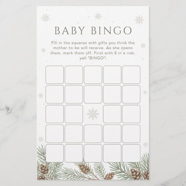 Winter Wonderland Baby Shower Bingo Game (Front)