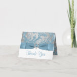 Winter Wonderland Bat Mitzvah Thank You Note Card<br><div class="desc">This elegant ice blue, silver grey floral FAUX glitter damask pattern Bat Mitzvah thank you note card 2 has a background of assorted white snowflakes on it and a PRINTED steel blue ribbon and bow with a silver grey Star of David brooch on it that matches the Bat Mitzvah invitation...</div>