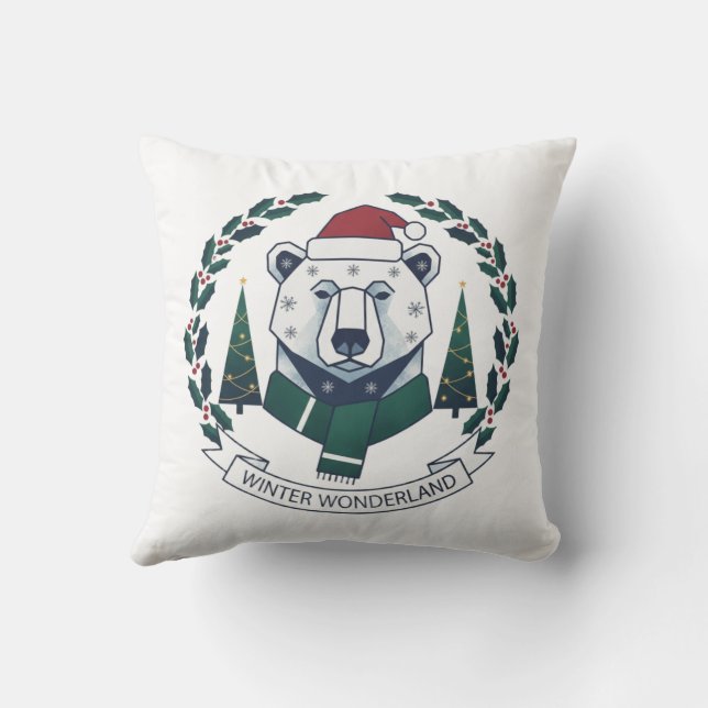 Winter Wonderland Bear – Cute Santa Hat Christmas  Throw Pillow (Back)