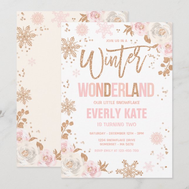 Winter Wonderland Birthday Rose Gold And Pink Invitation (Front/Back)