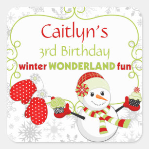Winter Wonderland Birthday Snowman Mittens Square Sticker