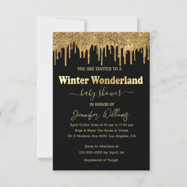 winter wonderland black gold glitters baby shower invitation (Front)