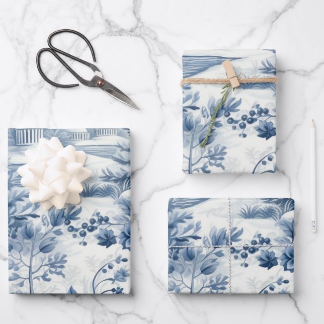 Winter Wonderland: Blue and White Christmas Tree Wrapping Paper Sheet (Front)