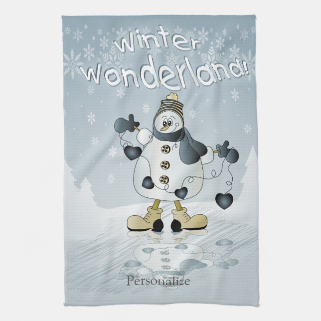 Winter Wonderland Blue Heart Snowmen Kitchen Towel (Vertical)