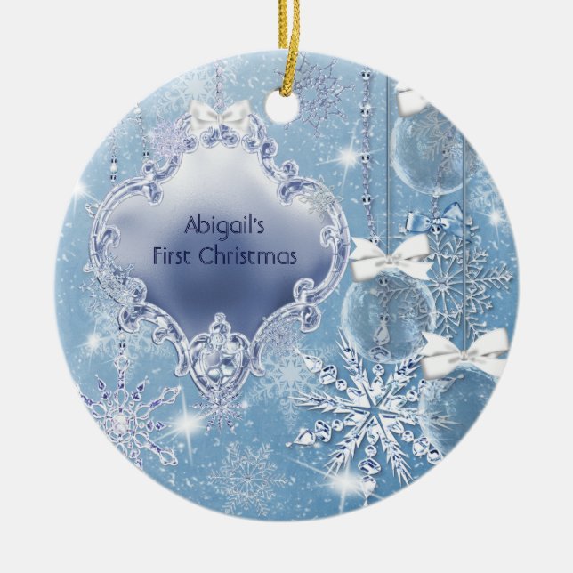 Winter Wonderland Blue Ice Baby's First Christmas Ceramic Ornament (Front)