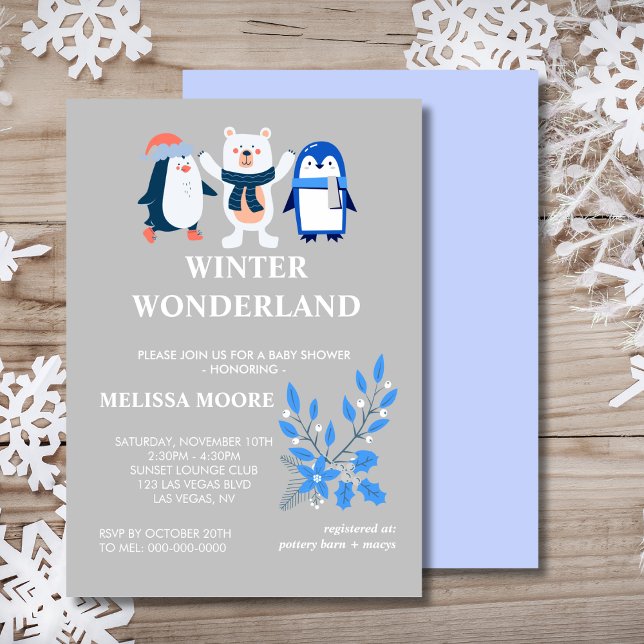 Winter wonderland blue penguin polar bear  invitation (Creator Uploaded)