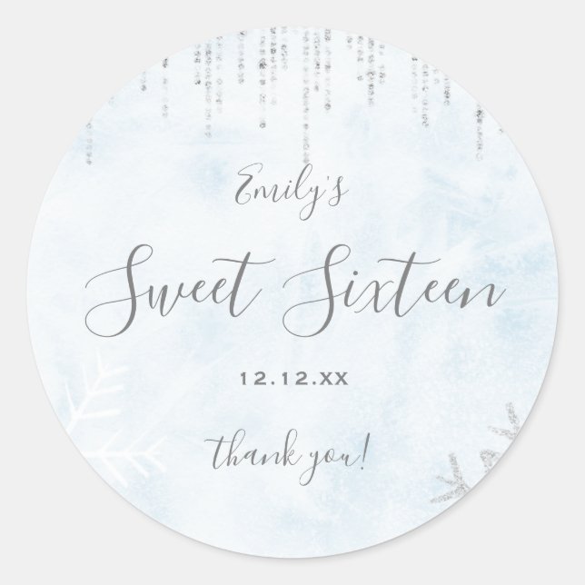 Winter Wonderland Blue Silver Snow Ice Sweet 16 Classic Round Sticker (Front)