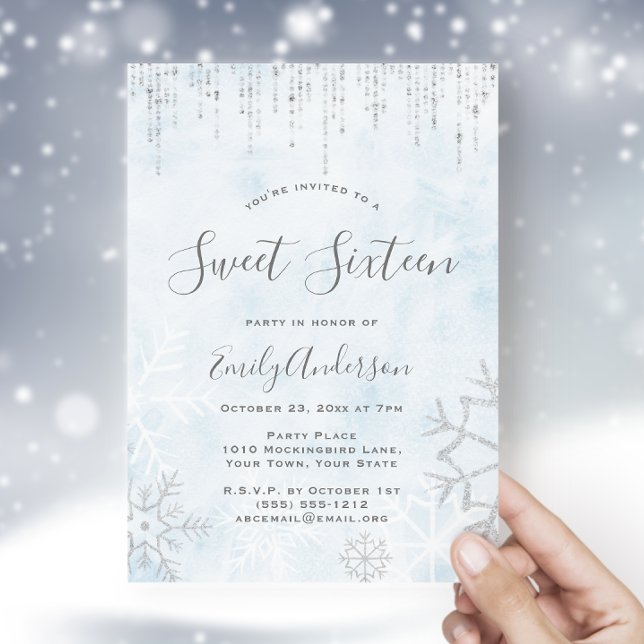 Winter Wonderland Blue Silver Snow Ice Sweet 16 Invitation (Creator Uploaded)
