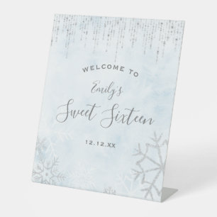 Winter Wonderland Blue Silver Snow Ice Sweet 16 Pedestal Sign