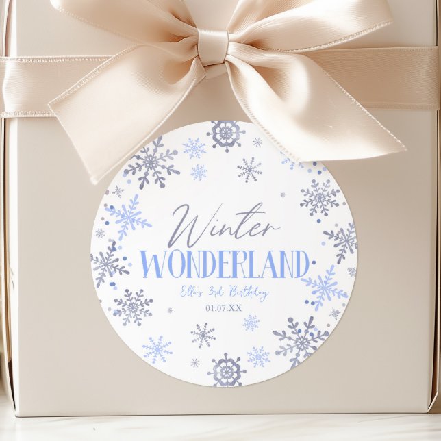 Winter Wonderland Blue Snowflake Birthday Party Classic Round Sticker (Creator Uploaded)