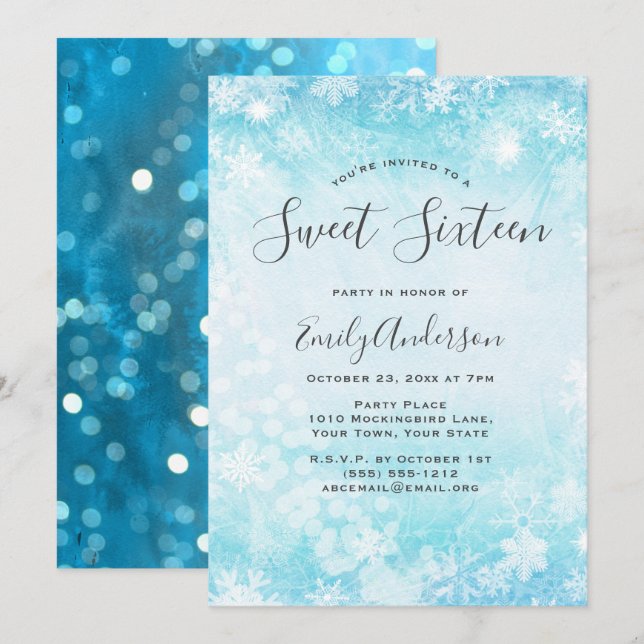 Winter Wonderland Blue Snowflake Sweet 16 Invitation (Front/Back)